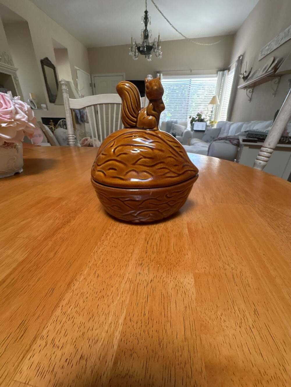 Vintage Ceramic Squirrel on Walnut Covered Nut Candy Dish